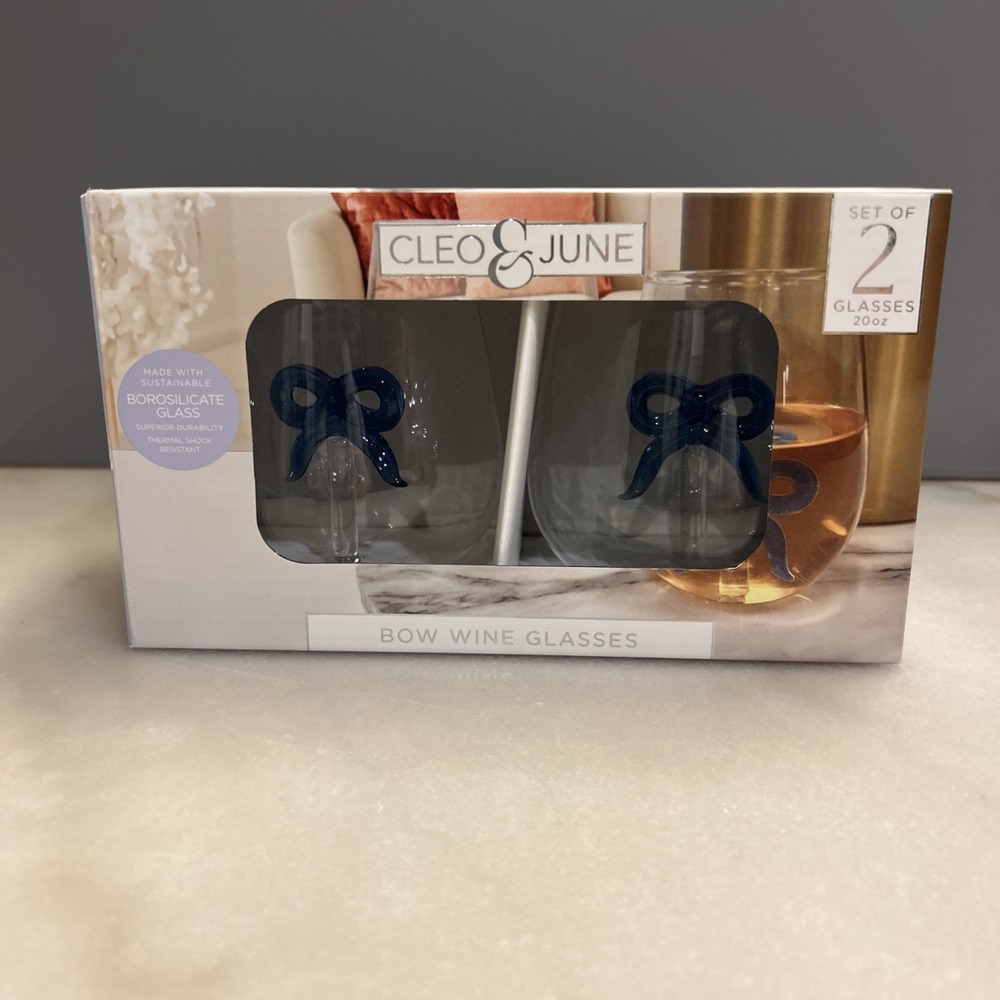 Blue Bow Stemless Wine Glasses.  Cleo & June Wedding Party NEW In Box Set Of 2